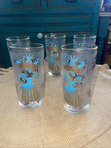 6 VTG 1959 Libbey Calypso Frosted Drinking Glasses Caribbean Cruise Aqua Gold
