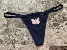 NWT VICTORIA'S SECRET PINK BLUE BUTTERFLY RIBBED KNIT V STRING THONG PANTIES