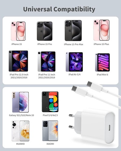 20W USB-C Schnell Ladegerät + USB-C Kabel Weiß für iPhone 15 Pro Max, iPhone 15 - Bild 2 von 5