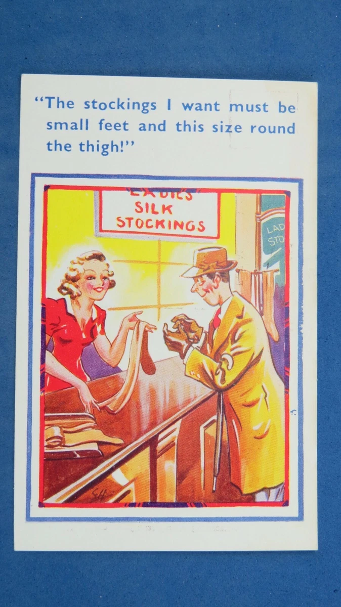 Risque Comic Postcard 1930s Silk Stockings Size Small Feet Ladies Thigh Theme