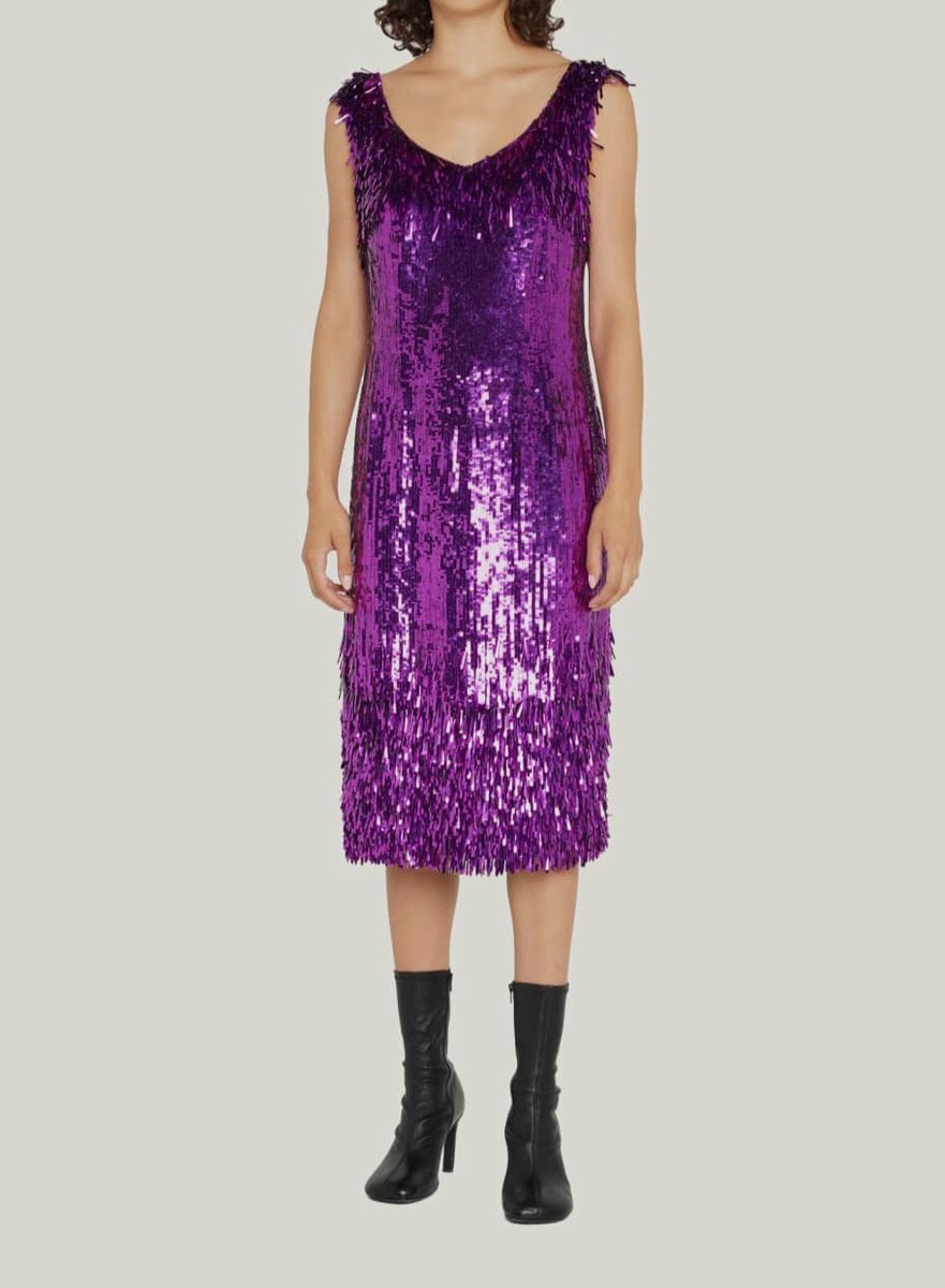 purple shift dress Issey Miyake S/S 1991 Pleated Curved Sleeve Mini length hemline Zeta Sequin Mini Dress -