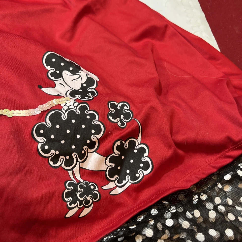 Niñas L 10-12 Rojo Negro POODLE FALDA VESTIDO, Forro Malla, Corbata para el Pelo, Cinturón 1950 LRG Foto 3 de 4