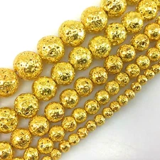 Gold Lava Round Bead 15" 4 6 8mm 10 12mm Volcanic Rock Metallic Titanium Coated