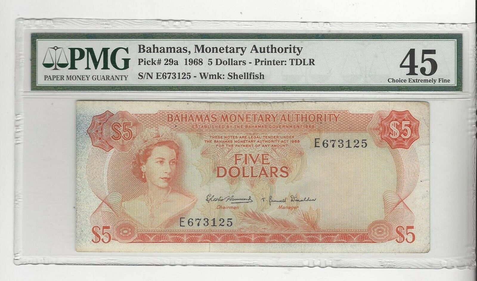 1968  Bahamas,  $5 Dollars, Pick#29a TDLR SN# E673125 PMG EF-45