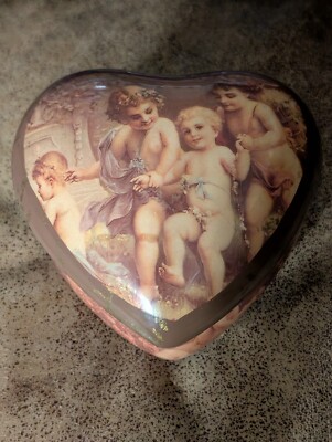 Vintage Ceramic Heart Trinket Box Jewelry Victorian Cherub Children Roses Padded