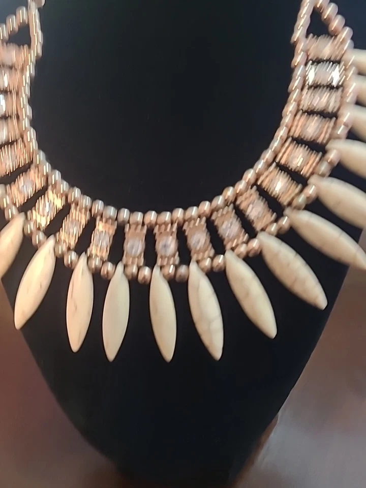 Tibetan Style Statement Necklace Rose Gold crystal w Almond Beads - Image 2 of 4