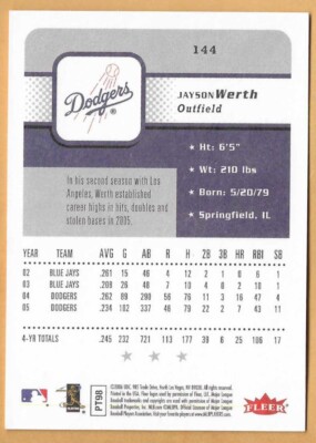 MLB実使用 ラインナップカード 2006年5月29日 JAYSON WERTH LOS ANGELES DODGERS #144 - FLEER NM-MT 2006 | eBay