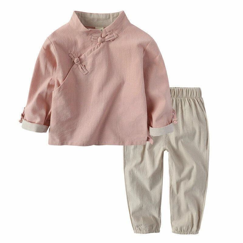 2Pcs Bambini Cinese Anno Nuovo Completo Ttang Abito Cotone Lino Etnico Vestiti - Immagine 4 di 4