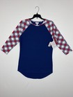 LuLaRoe Womens Blue Jersey Tee Shirt 3/4 Sleeve Red White Square Shape Sz S D98