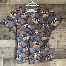 Disney Mickey Mouse Womens Size L Gray Halloween Short Sleeve Scrub Top 2 Pocket