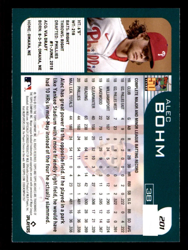 2021 Topps Archives #201 Alec Bohm RC - Image 2 of 2