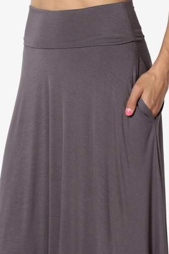 Women's Foldable Low High Waist Pocket Swing A-Line Flare Mid Calf Long Skirt - Picture 43 of 44