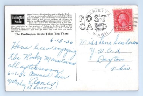 1936 Postcard Many Glacier Hotel National Park Browning Montana Burlington Route - Imagen 2 de 2