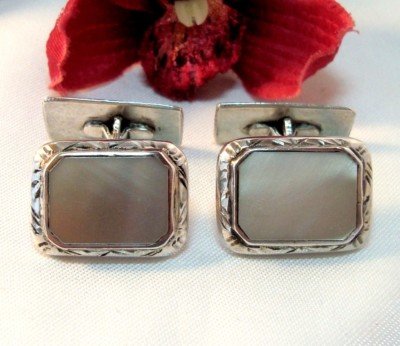 Manschettenknöpfe 835 Silber mit Perlmutt old Cufflinks / ce 101