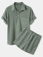NEW Men's corduroy short sleeved suit shirt and shorts 2 sets of men's clothing