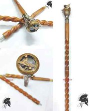 Antique wooden walking stick cane compass brass handle vintage collectible gift