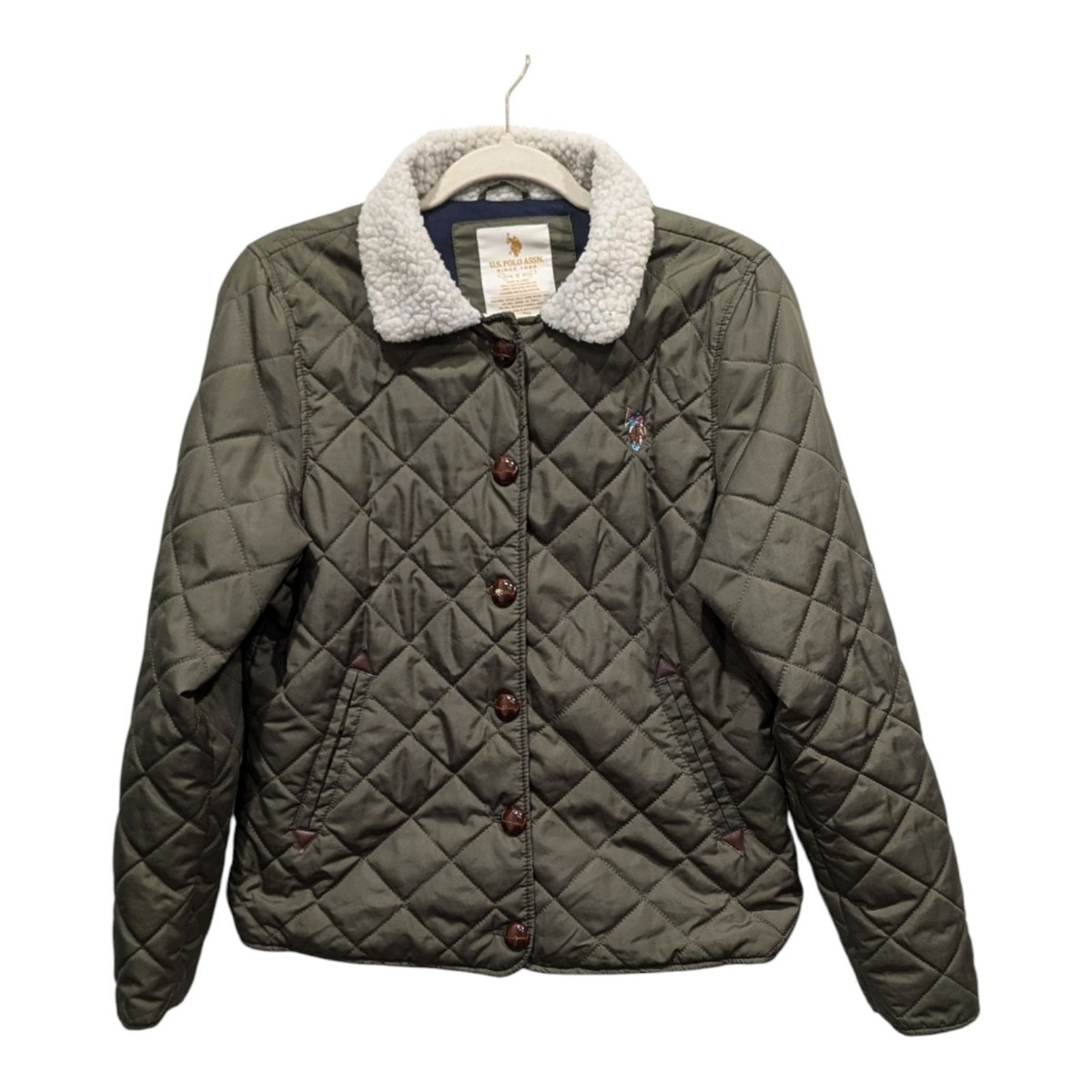 US Polo Assn Sherpa Collar Olive Army Green Quilted Puffer Bomber Jacket, S