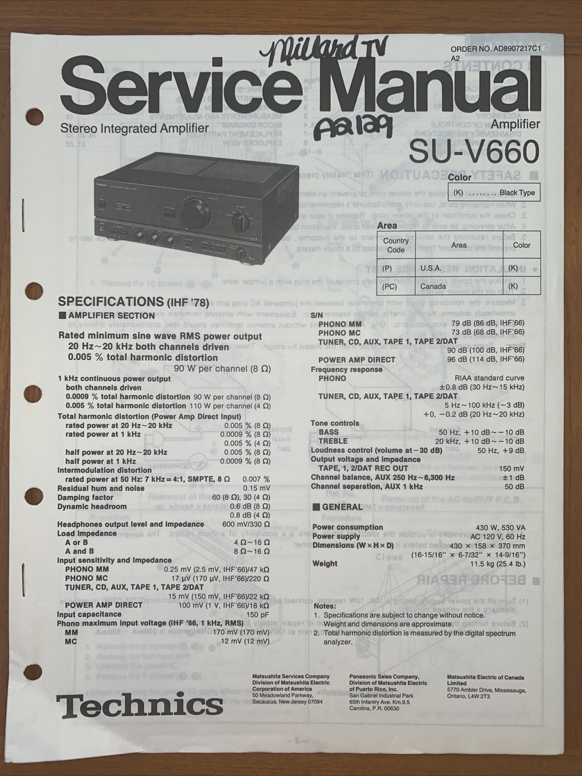 Technics By Panasonic Su V660 Stereo Integrated Amplifier Original Repair Manual Ebay