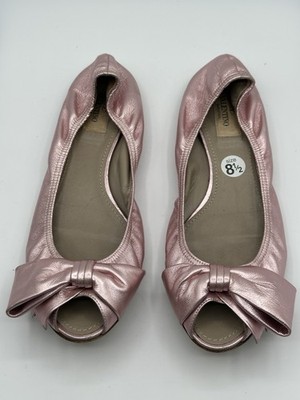 Valentino Garavani Peep Toe Bow Flats In Metallic Pink Leather Sz 38.5/ 8-8.5