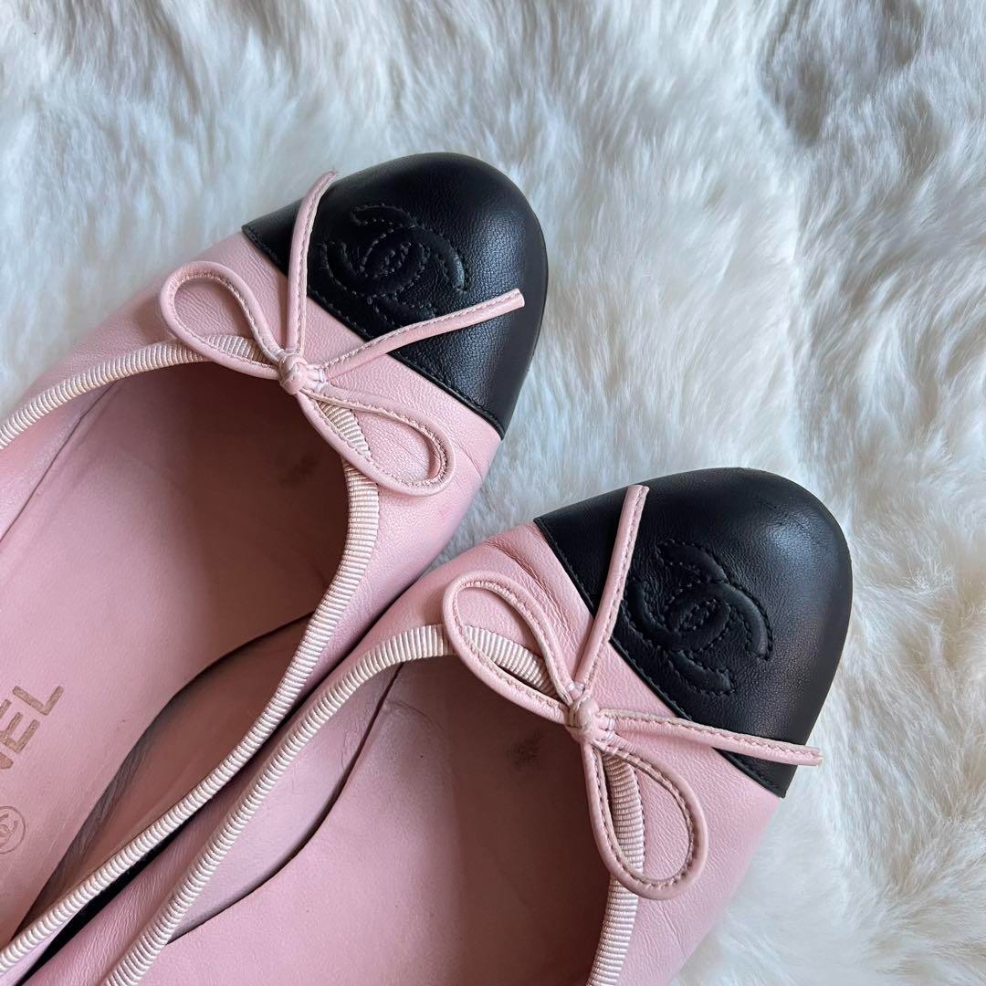 CHANEL CC Logo Ribbon Ballet Flats Pink Black Leather Size