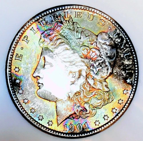 1901 O MORGAN DOLLAR! GEM BU+++! RAINBOW TONED OBVERSE! HUGE COLOR!  NR #K2730