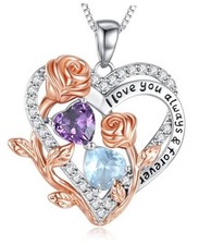 I Love You Birthstone Necklace, 925 Sterling Silver Heart Pendant 02-03-Feb-Mar