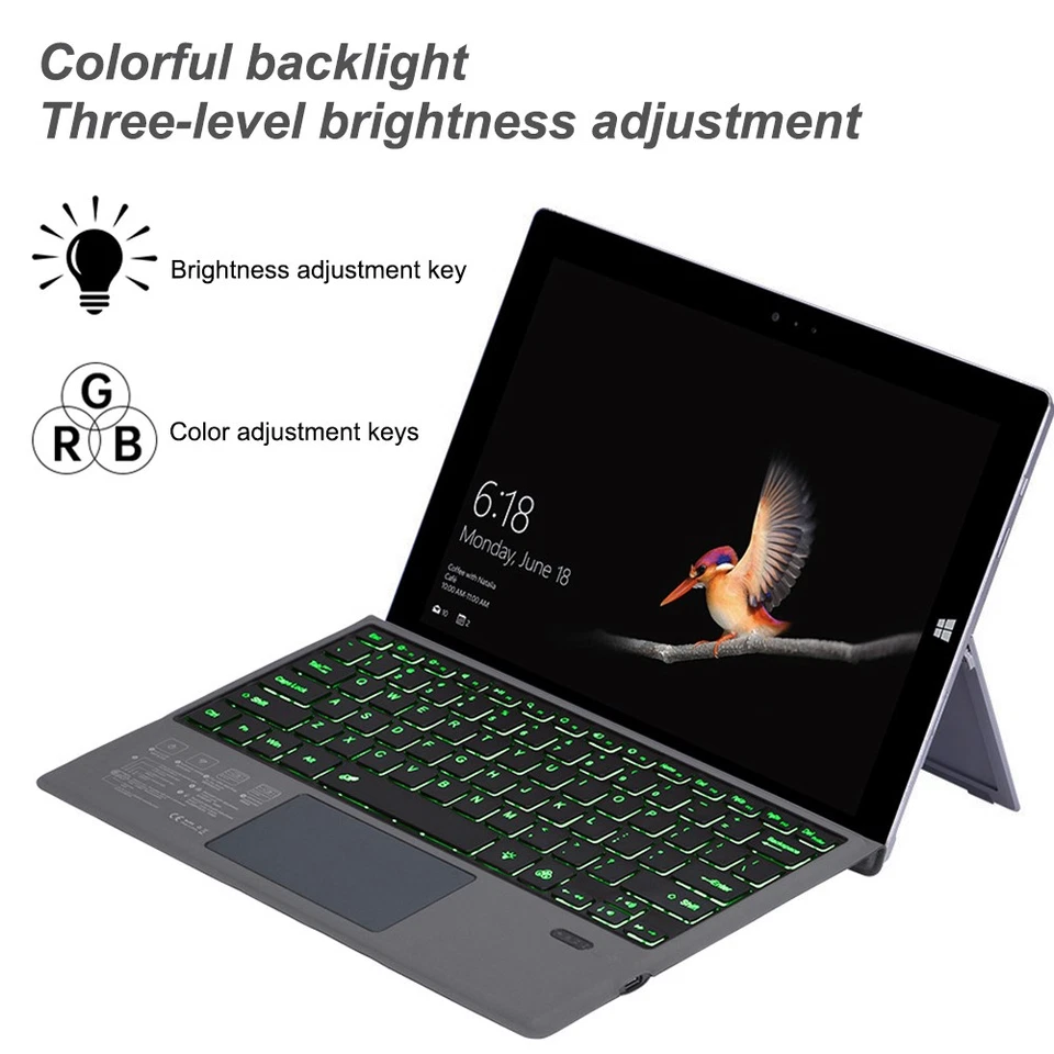 For Microsoft Surface Pro 3 4 5 6 7 RGB Backlit Bluetooth Keyboard Touchpad - Image 2 of 4