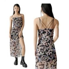 Urban Outfitters Butterfly Mesh Slip Maxi Dress Ruched Black Multi, Size S
