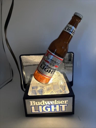 Vintage Lighted BUDWEISER LIGHT BEER  Bottle On Ice Advertising Bud Bar Sign D25