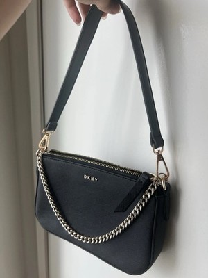 DKNY Black Small Shoulder Bag Zip Top Chain Accent Inner Pockets Gold Silver