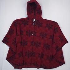 The Vermont Country Store Poncho Womens 1X/2X Red Snowflake Hooded Made in USA