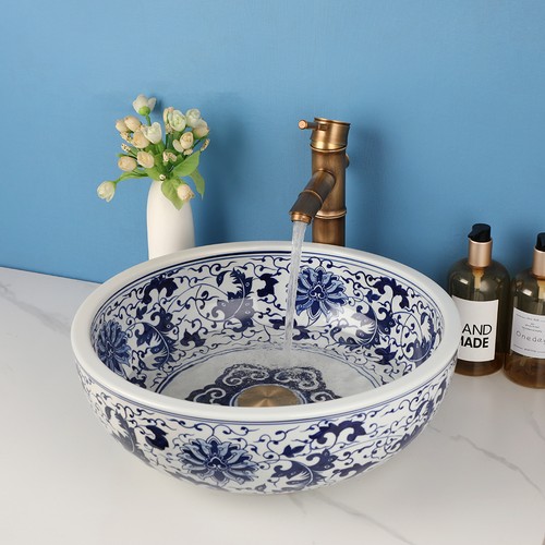 US Flower Bathroom Vessel Sink Blue Ceramic Basin Bowl Antique Pop Up Drain Tap - Picture 13 of 18