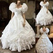Vintage Victorian Wedding Dress Ruffles Short Sleeves Organza Bow Bridal Gowns