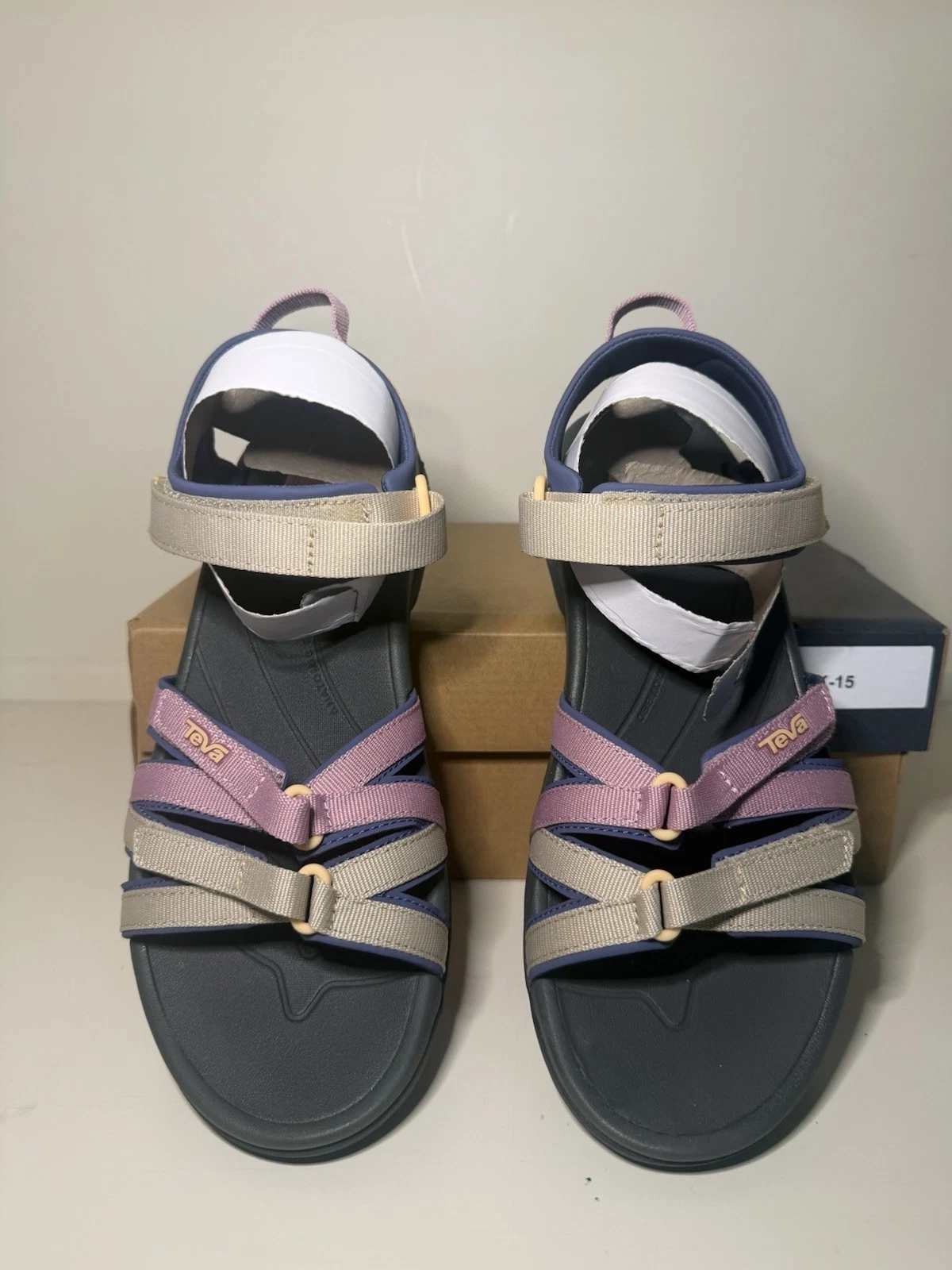 Teva Tira Strappy Sandal Adjustable Hook & Loop Ankle Strap Navy Beige Pink 9.5