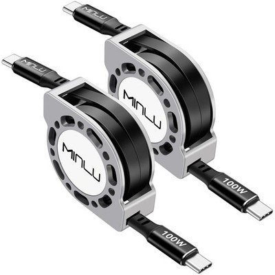 Retractable USB C to C Cable(4 Ft, 2Pack),100W USBC 5A 1.2 meters, Grey 
