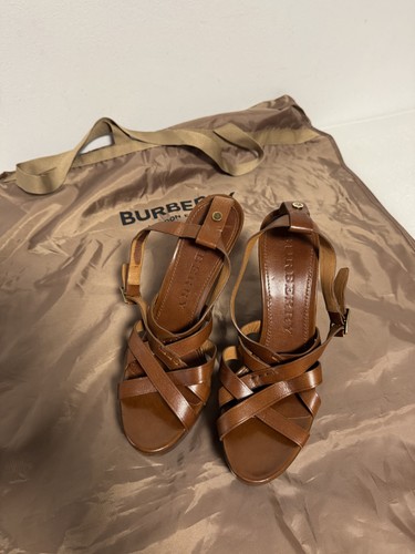 Burberry Platform Wedge Sandals Womens Size 39 Brown Leather Strappy Shoes Italy