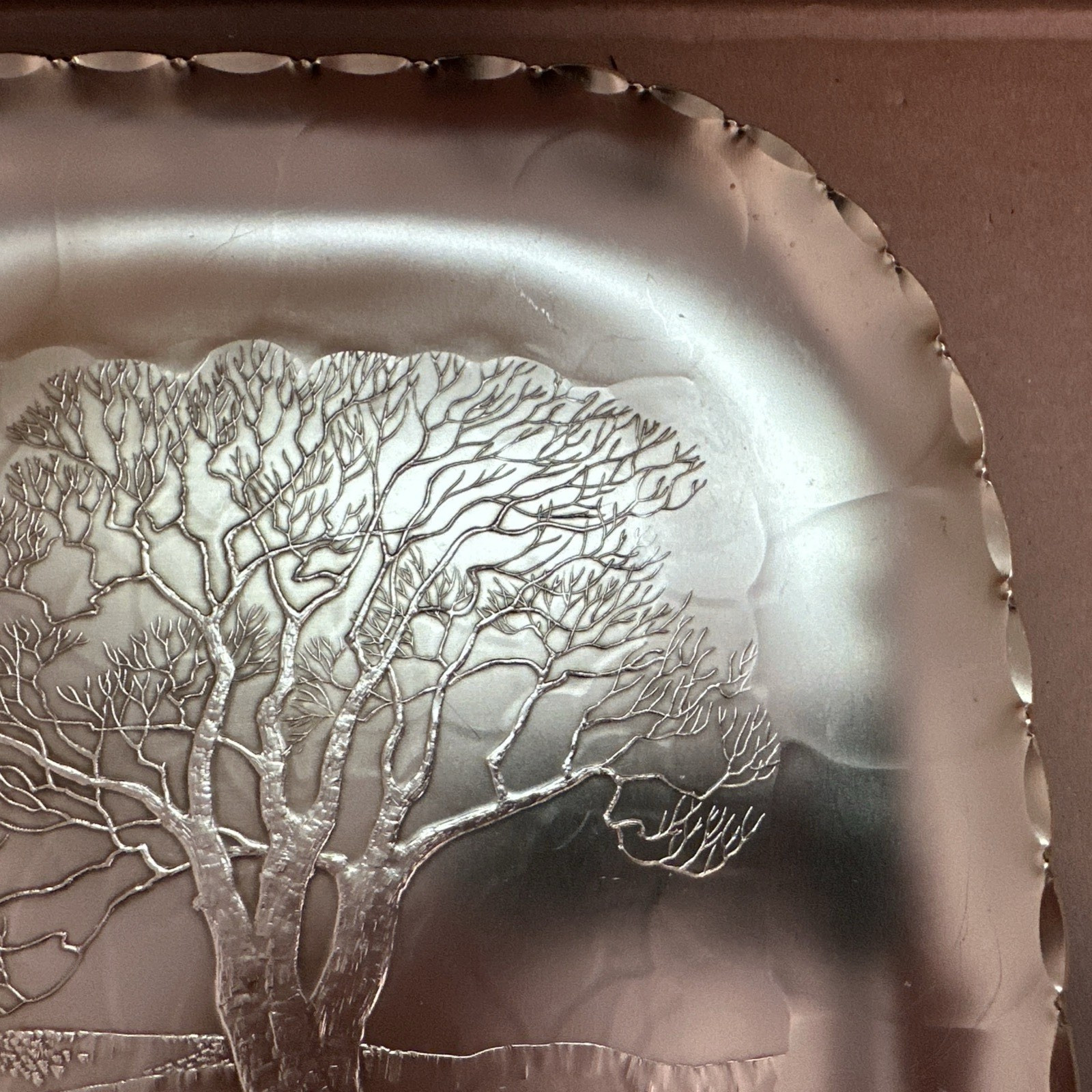 Arthur Armour Hammered Aluminum Gold Tray Tree Church Scene 11-5/8" x 11-5/8"