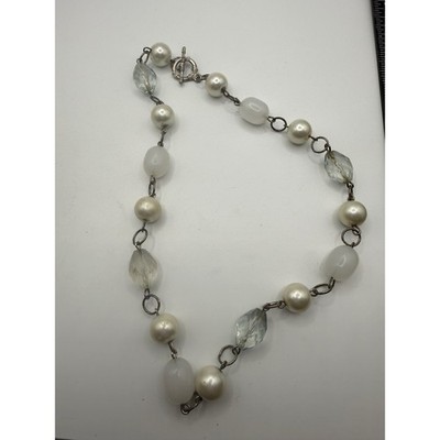 Vintage Style Faux Pearl and Glass Bead Toggle Clasp Necklace Silver Tone 17''