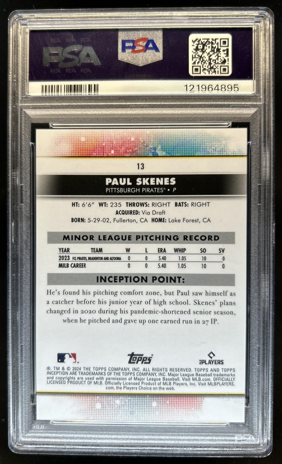 2024 Topps Inception Paul Skenes RC Rookie #13 Pirates PSA 10 GEM MINT GEM MINT view 2