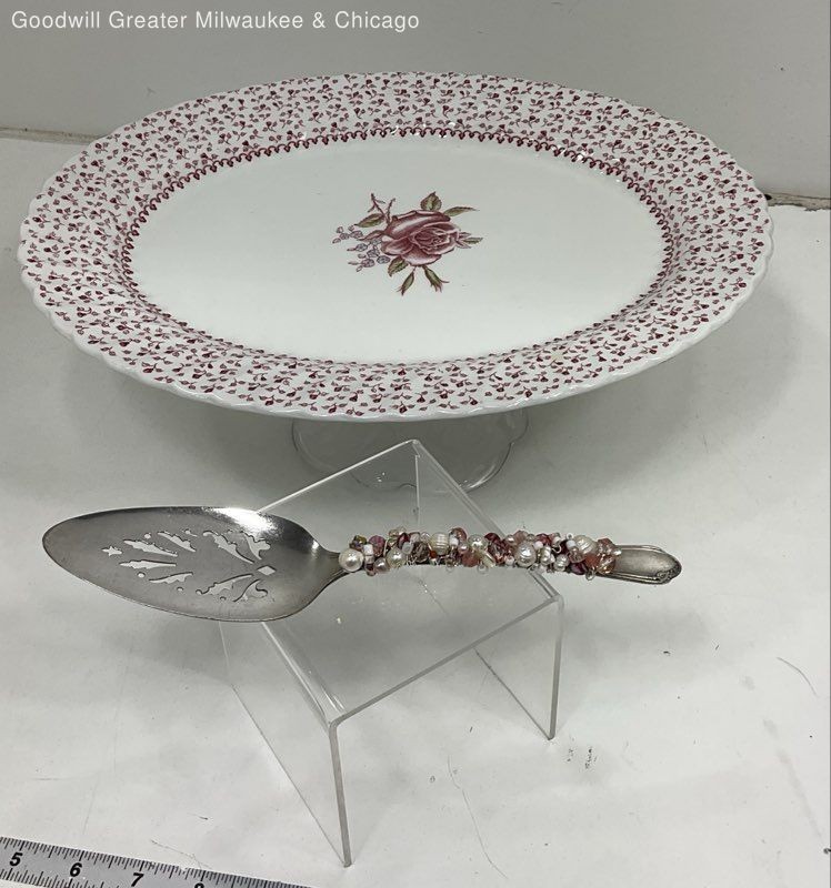 Rose Bouquet White Red Floral Ceramic Serving Platter Glass Pedestal Cake