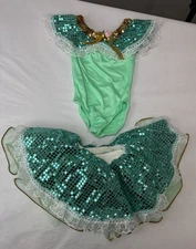 Vtg Dance Costume Sparkles Green Gold Ruffles Lace Tutu 1990s Girls Size 3-4