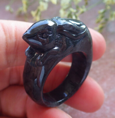 Video Certified Black Natural A JADE Jadeite Rabbit RING USA. 10.25 戒指 640457 AS