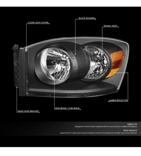 Dna Motoring Headlight Set Fits 06-09 Ram 2500 3500 06-08 Ram 1500 - Picture 2 of 4