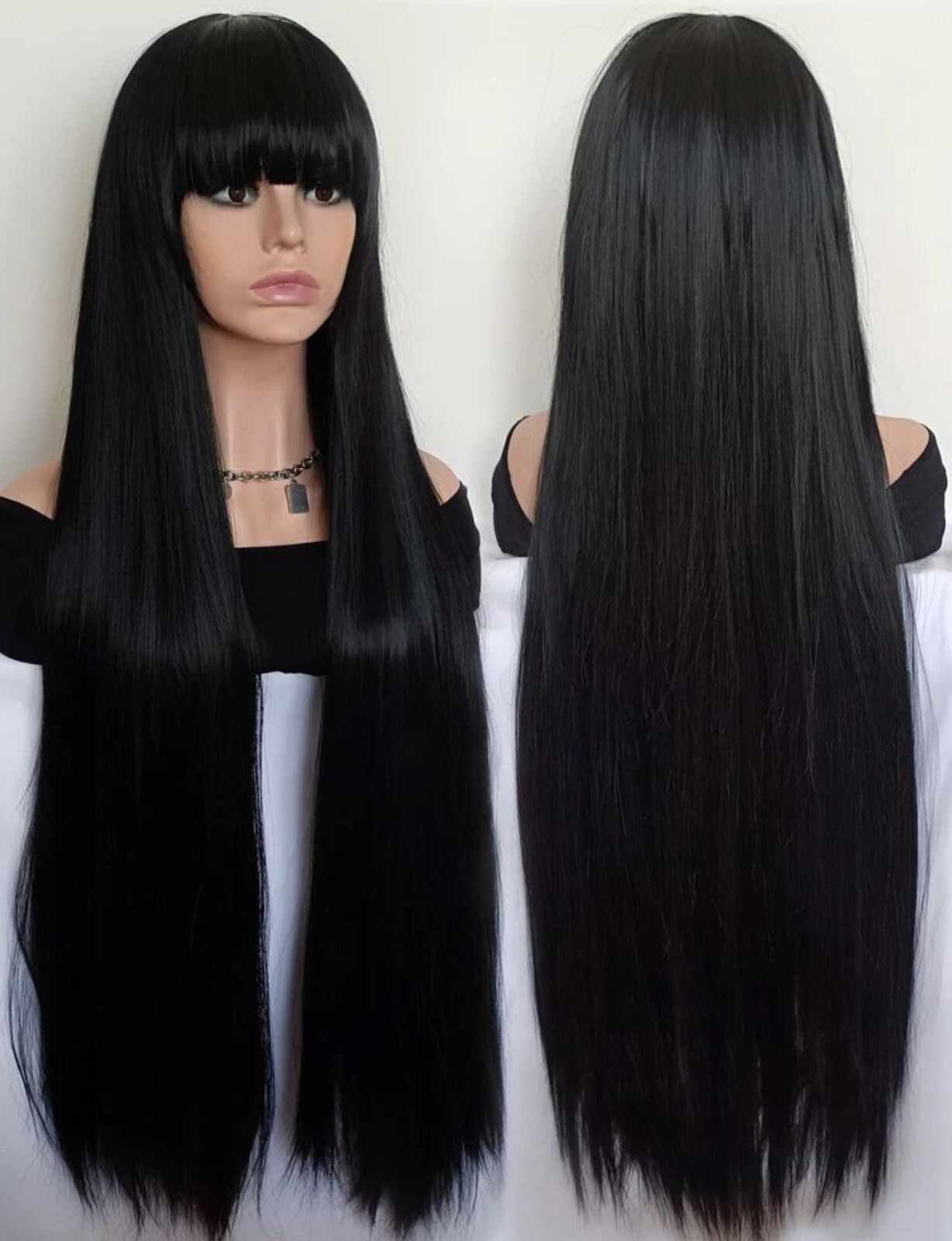 Perruque noire longue 100cm à frange pour cosplay et soirées