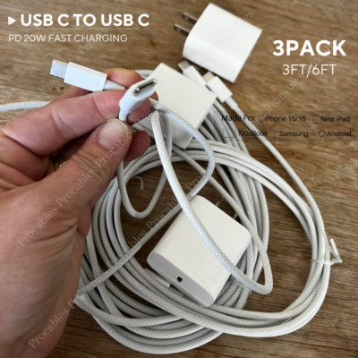3X For iPhone 15 16 17 60W USB-C To USB C Braided Cable 20W PD Fast Charger Cube