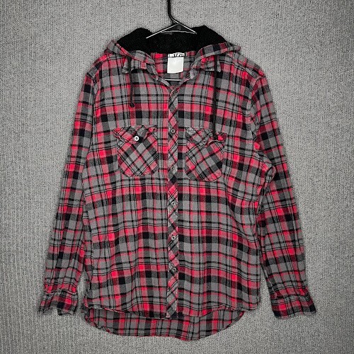 1775 Flannel Shirt Men's Large Red Plaid Hooded Drawstring Button Up Grunge Rock-image