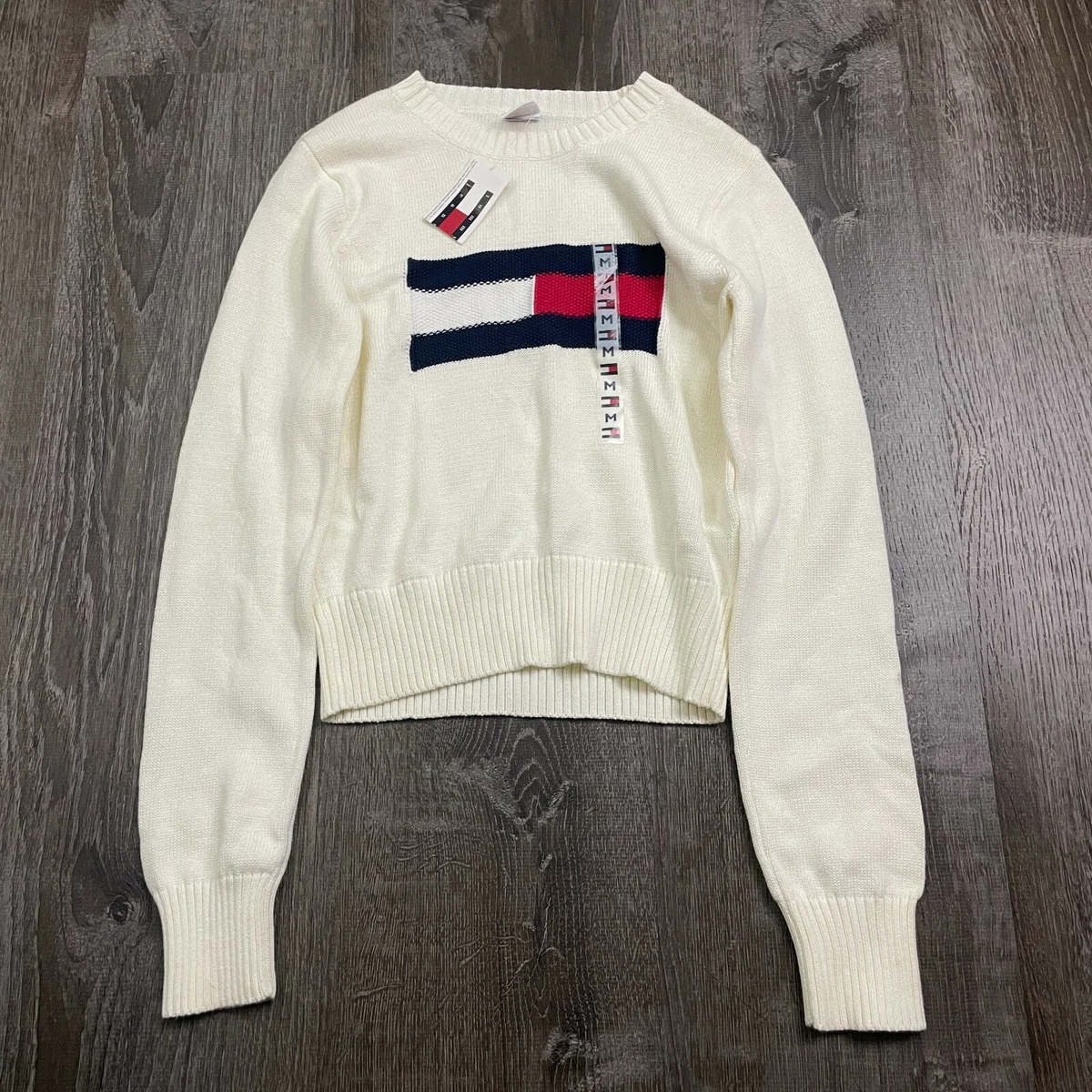 NWT Tommy Hilfiger Boys Sweater Pullover Crew Neck Knit Ivory Logo Size M