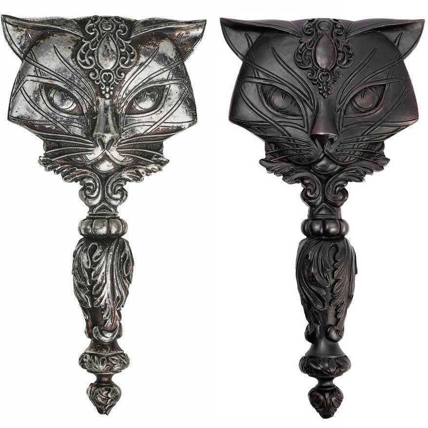Alchemy Gothic Sacred Cat Hand Mirror Silver OR Black Resin Gift