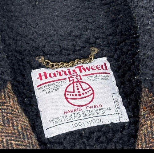 Harris Tweed x Octopus Army Wool Herringbone Boa Coat Brown Mix L From JPN Used - Picture 10 of 12