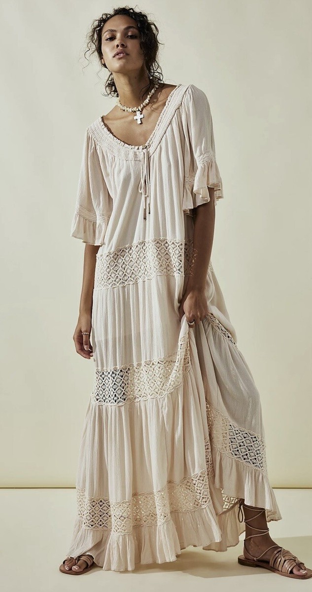 NWT FREE PEOPLE DREAM ON Tiered Maxi Dress Flared Sleeves Crochet Size S  Fits L | eBay